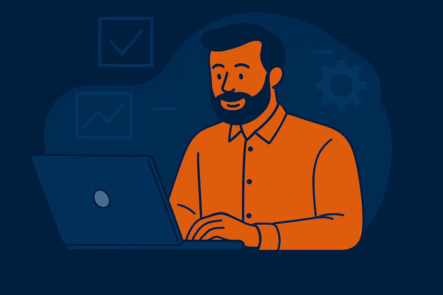 Man with a full beard working on a laptop